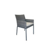 Intani grey outdoor dining chair made from platinum rehau wicker, with powder-coated legs and a Sunbrella fabric cushion.