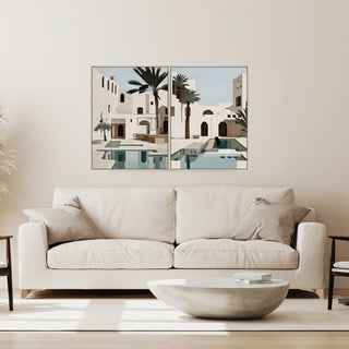 linen sofa with santorini style wall art 