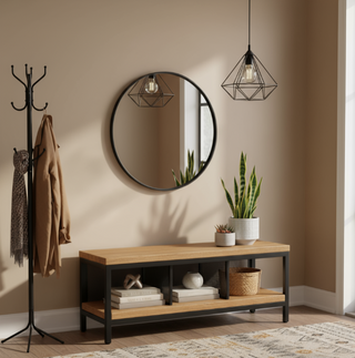storage unit with black metal mesh in an entrance way with a mirror