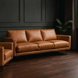 3-Seater sofa in tan leather on a dark timber floor