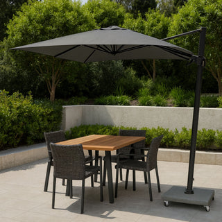 cantilever umbrella covering an outdoor dining set