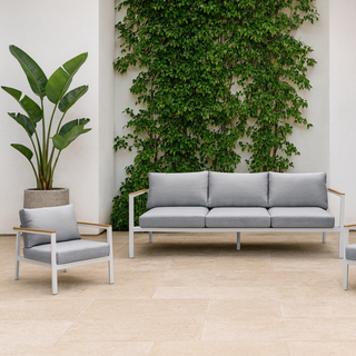 White Outdoor lounge suite with light grey cushions