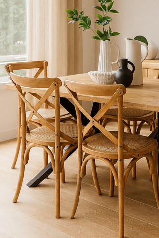 Hampton style dining chairs in a dining room with a plant in a jug on the table