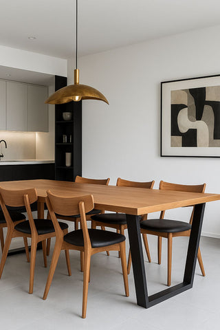 Oak dining table with black metal legs with dining chairs that match