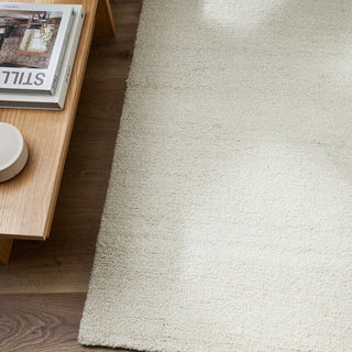 Beige rug on a wooden floor with a coffee table and books in the corner.