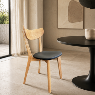 Pisa Dining Chair - Solid Oak Timber - Matt Lacquer Finish - Black PU Seat Pad