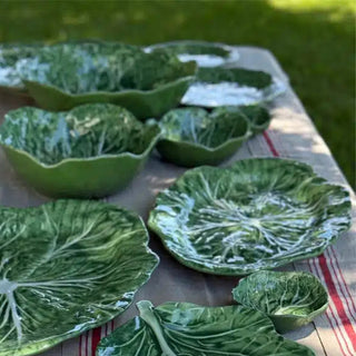 Large cabbage leaf melamine platter on outdoor table, perfect for summer entertaining