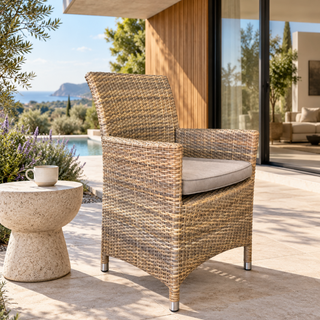 Cayman Outdoor Dining Chair - Kubu Rehau German Wicker - Sunbrella Natte Nature Grey Fabric