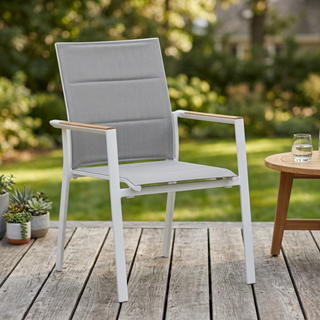 Como Outdoor Padded Dining Chair Aluminium with Teak Insert - White