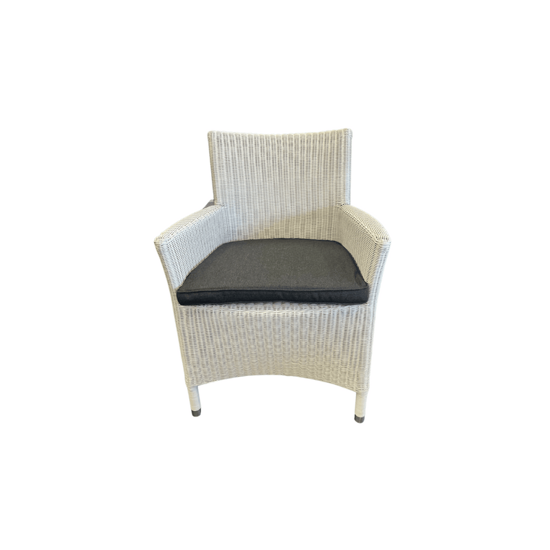 Cayman Outdoor Dining Chair - Whitewash German Rehau Wicker - Sunbrella Natte Sooty Fabric