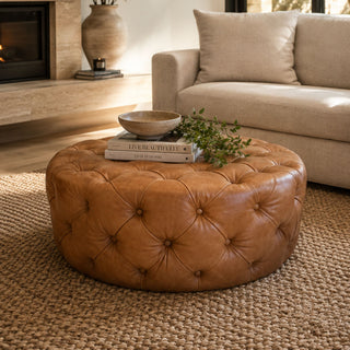 Hoxton Buttoned Ottoman Round - Urban Sofa - RWB Tan Full Grain Leather