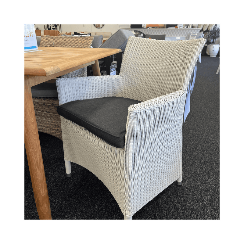 Cayman Outdoor Dining Chair - Whitewash German Rehau Wicker - Sunbrella Natte Sooty Fabric