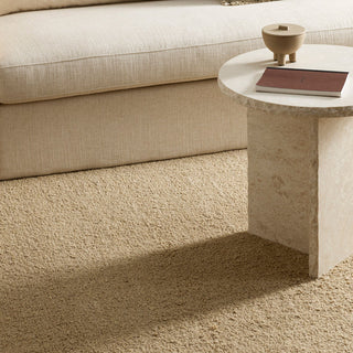 Beige sofa and coffee table with a textured surface in a room setting