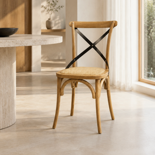 Hampton Dining Chair Natural Oak with Black Metal Cross Back - Solid Lacquered Oak