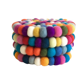 Set of four multicolour felt ball coasters tied with suede cord, handcrafted from 100% New Zealand wool.