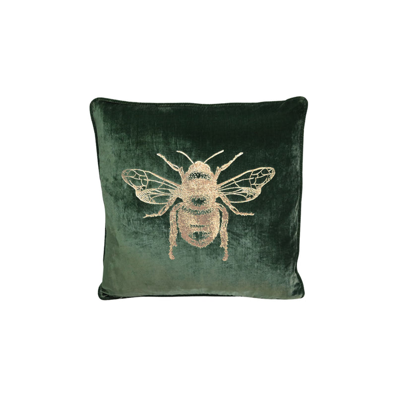 Green Velvet cushion with Gold Bee print and feather inner