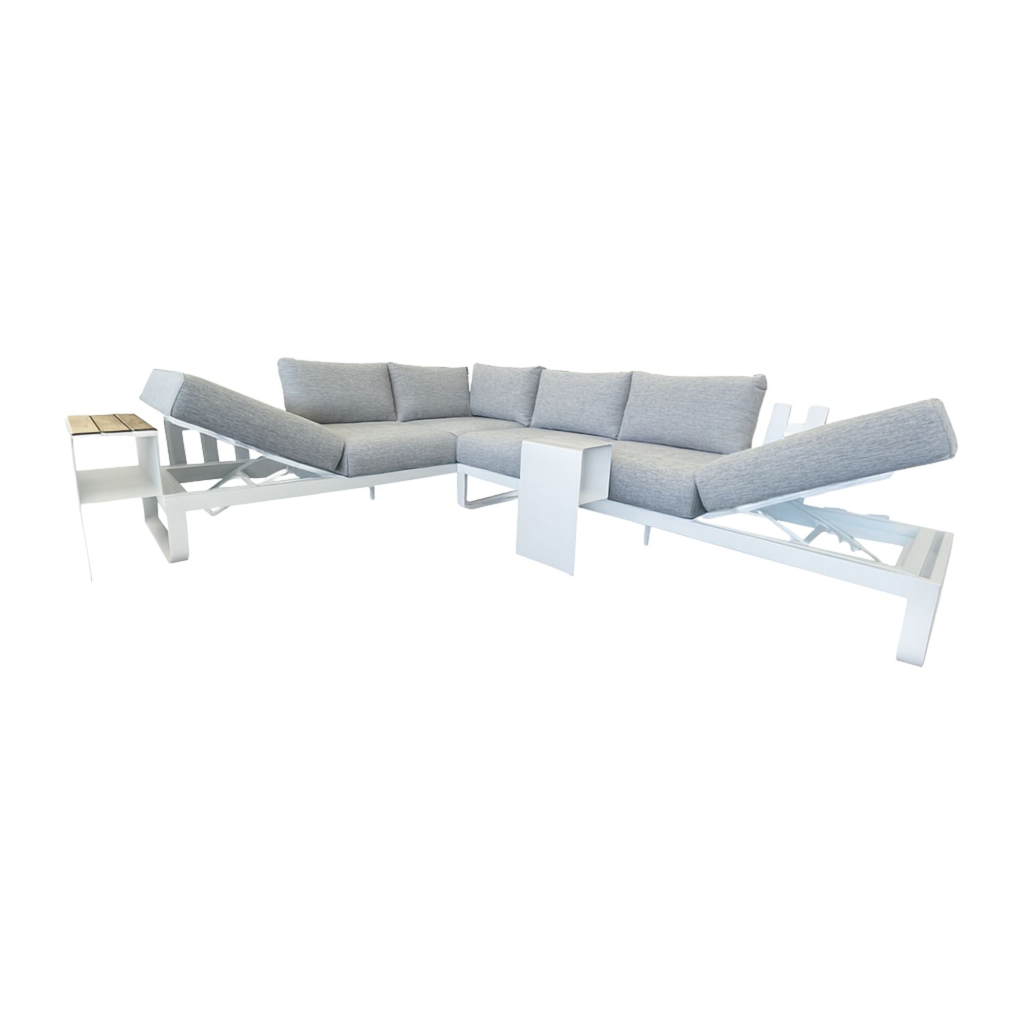 Modern outdoor sectional sofa with gray cushions on a white background