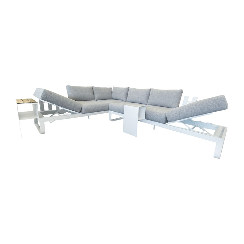Modern outdoor sectional sofa with gray cushions on a white background