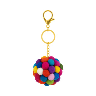 Bright multi-coloured felt ball keyring with gold chain and clasp