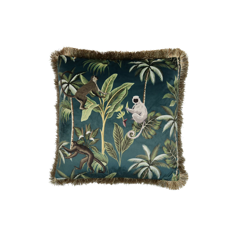 Green Velvet Cushion with Gold Tassels and Animal Print