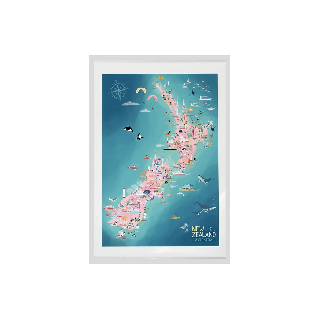 A2 Framed Print of NZ Map in Pink