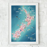 A2 Framed Print of NZ Map in Pink