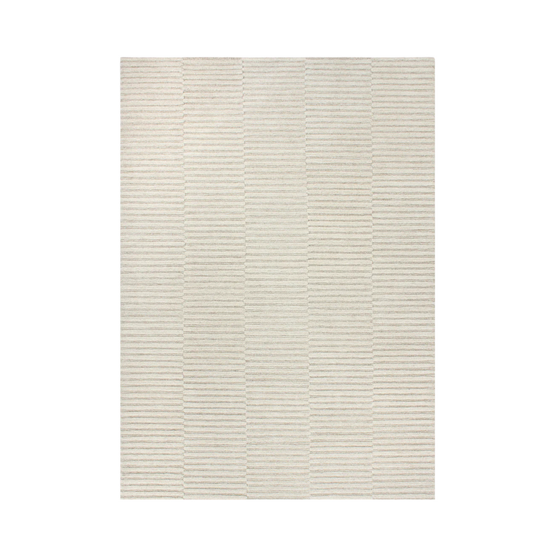 Beige rug with a subtle striped pattern on a white background