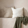 Two pillows on a sofa with a green blanket, against a beige wall.