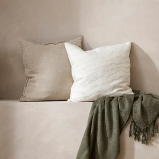 Two pillows on a sofa with a green blanket, against a beige wall.