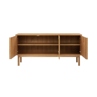 Wooden sideboard with open doors on a white background