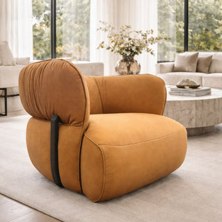 Brown armchair in a modern living room with neutral decor