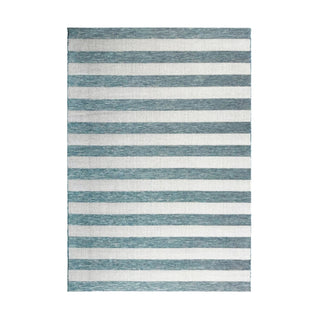 Striped rug with blue and white horizontal stripes on a white background