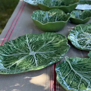 Large cabbage leaf melamine platter on outdoor table, perfect for summer entertaining