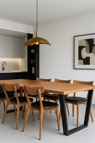 Modern dining area with wooden table and chairs in a minimalistic kitchen.
