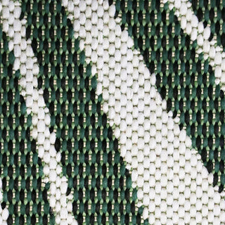 Close-up of a patterned rug with green, white, and black colors.