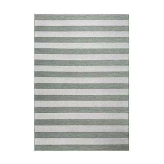 Striped rug with alternating light gray and white stripes on a white background