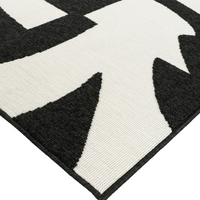 Close-up of a black and white geometric patterned rug