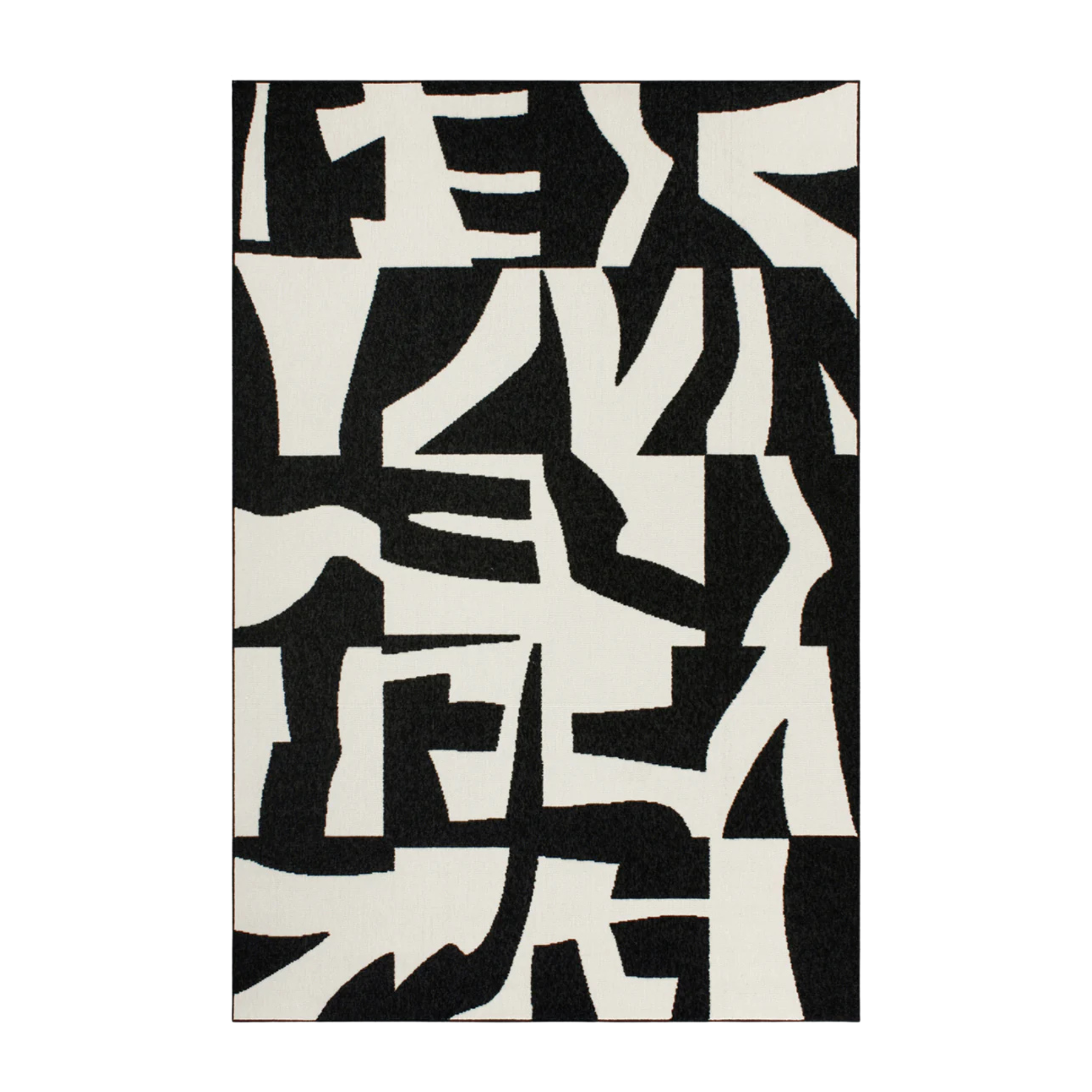 Black and white abstract patterned rug on a plain background