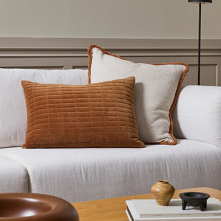 Two pillows on a gray sofa with a neutral background