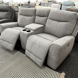 Denburn 3pce Cinema Recliners with angled bar consolein Believe Grey Fabric