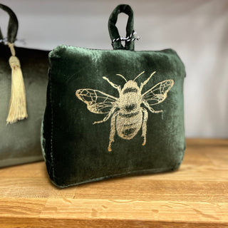Doorstop in Green Velvet with a Gold Bee motif
