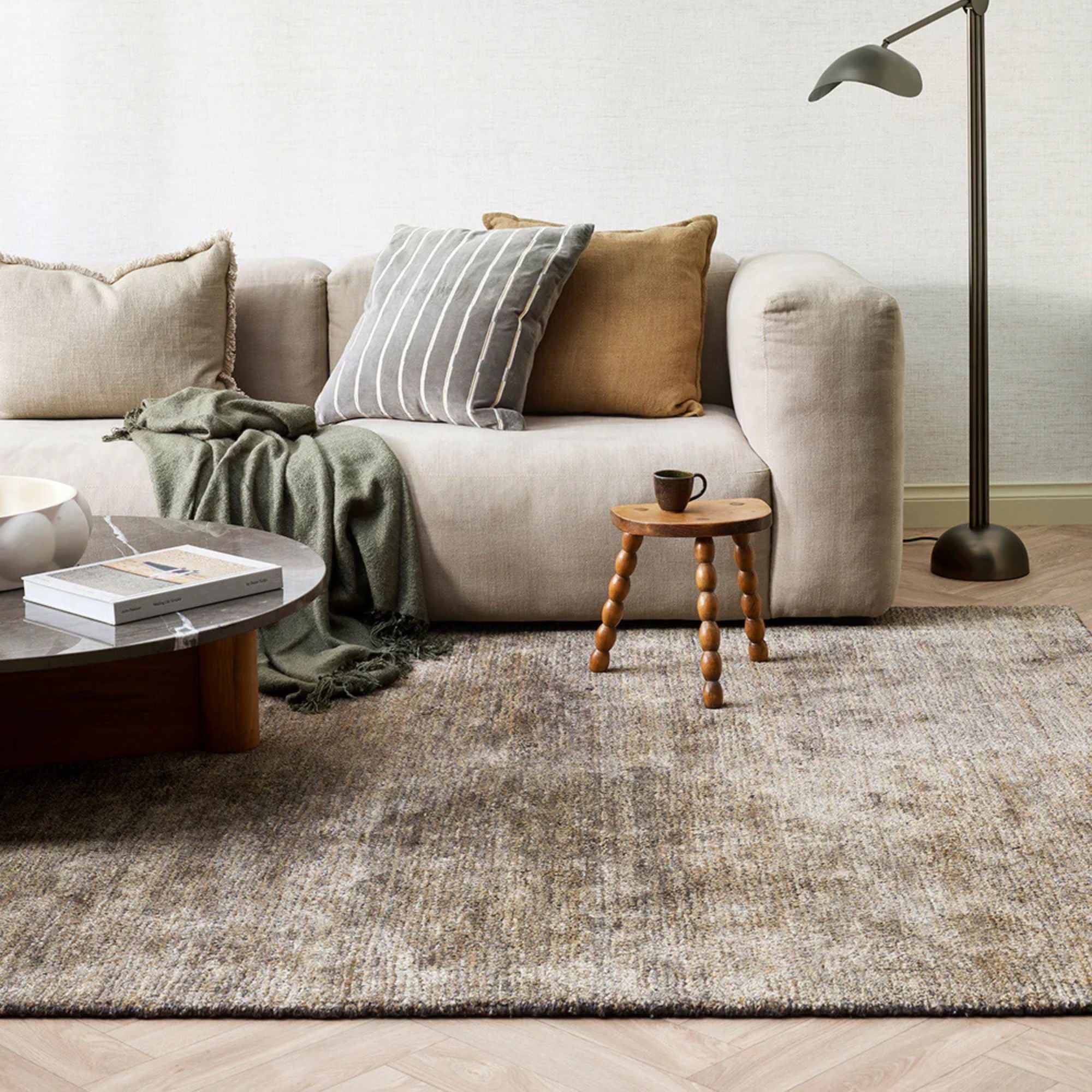 Living room with a beige sofa, coffee table, and rug.
