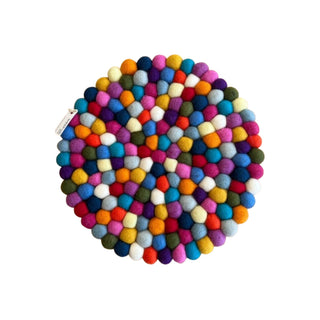 Round multicolour felt ball pot stand, 30cm, handcrafted from 100% New Zealand wool.