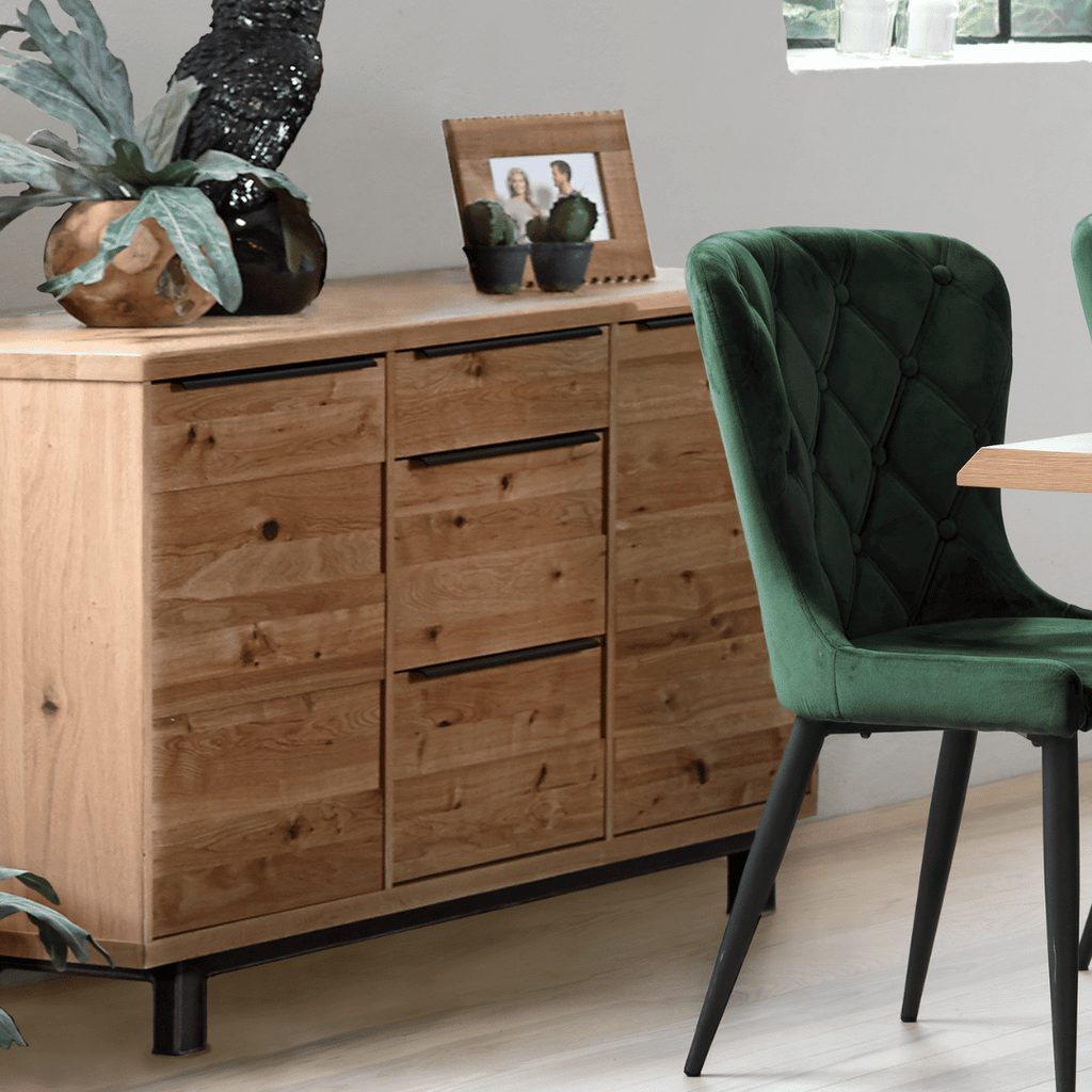 Florence 3 section oak sideboard with steel legs and handles