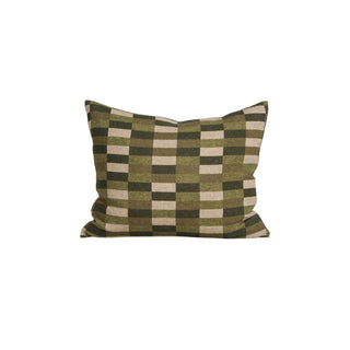 Checkered pillow with green and beige pattern on a white background
