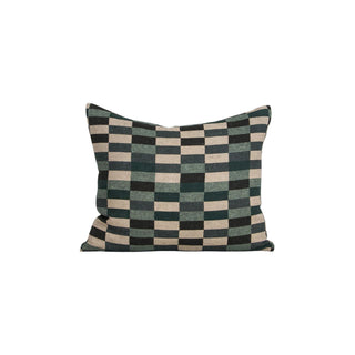 Checkered pillow with black, beige, and green pattern on a white background
