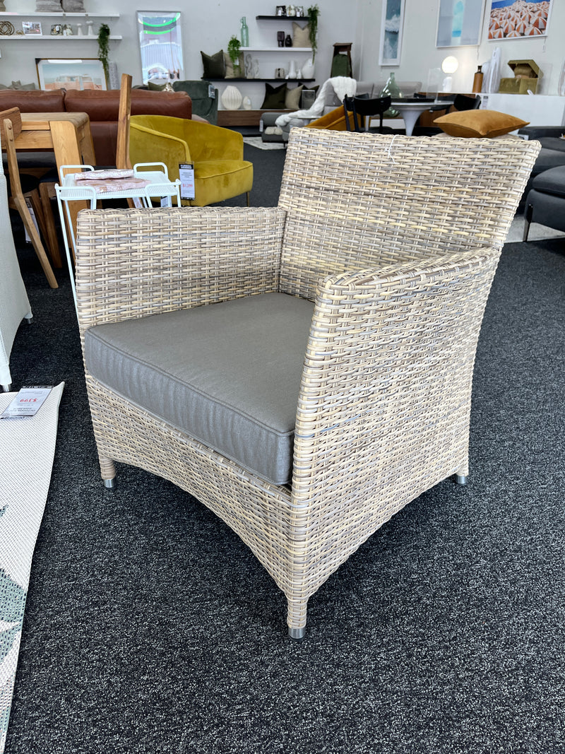 Cayman Outdoor Lounge Chair - Kubu Natural Rehau German Wicker - Sunbrella Natte Grey Chine Fabric