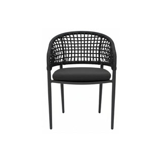 Black woven chair with a cushion on a white background