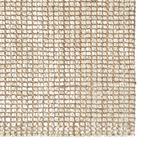 Close-up of a woven beige rug with a grid pattern on a white background
