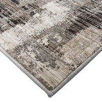 Close-up of a textured area rug with neutral colors on a white background